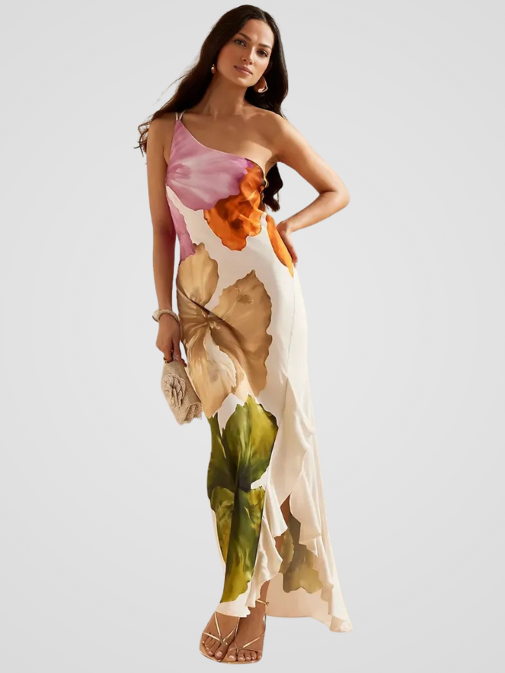 FLORÉLIA SATIN ASYMMETRICAL MAXI DRESS