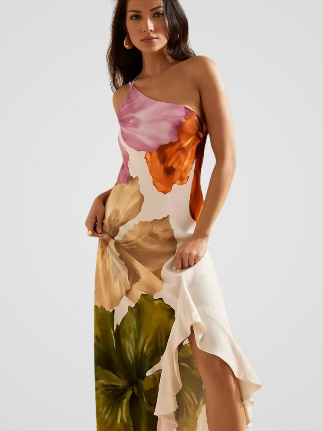 FLORÉLIA SATIN ASYMMETRICAL MAXI DRESS
