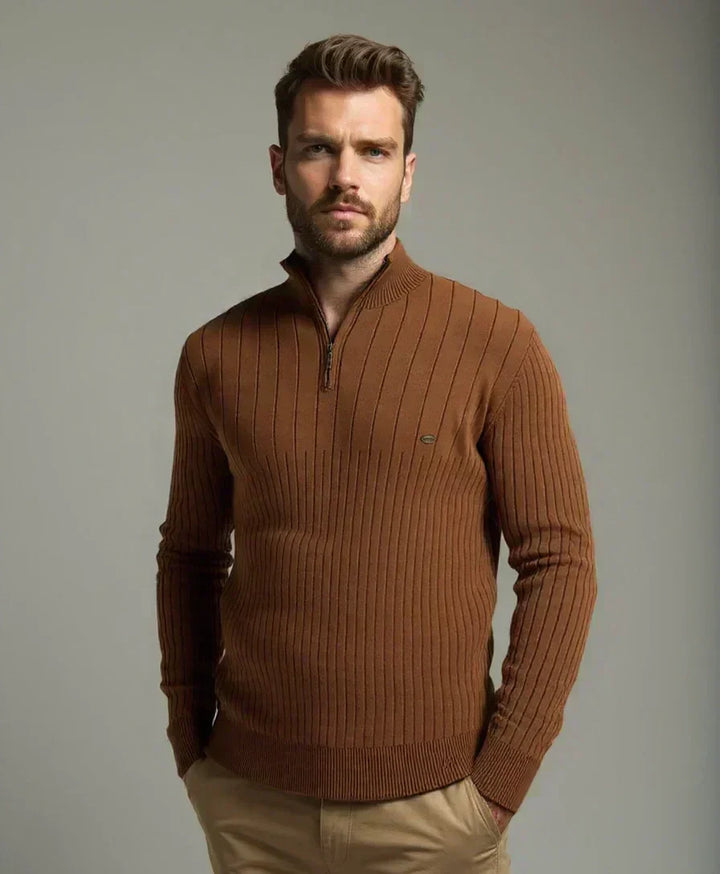 Cotton Pullover with Vertical Stripes and Half-Zip - Palm Beach Boutique
