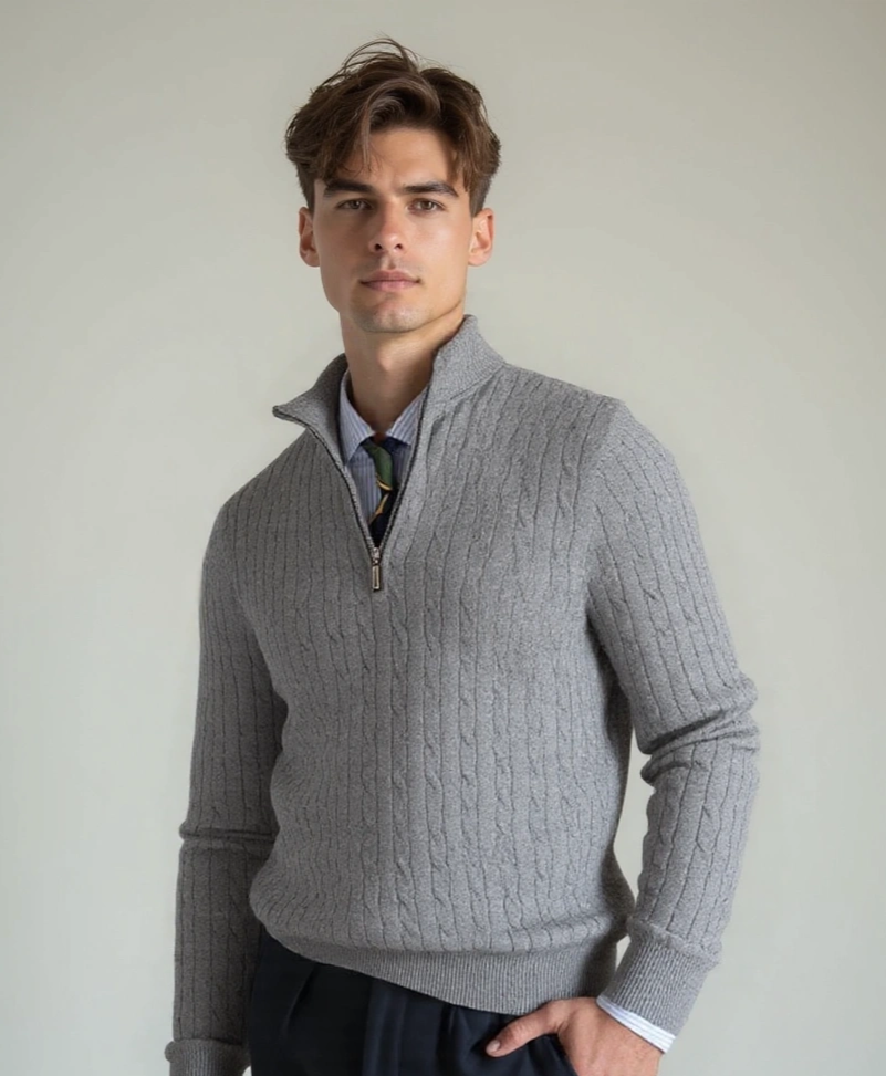 Zip-up Sweater with Knitted Pattern - Palm Beach Boutique