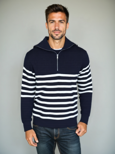 Knitted Sweater with Zipper and Stripes - Palm Beach Boutique